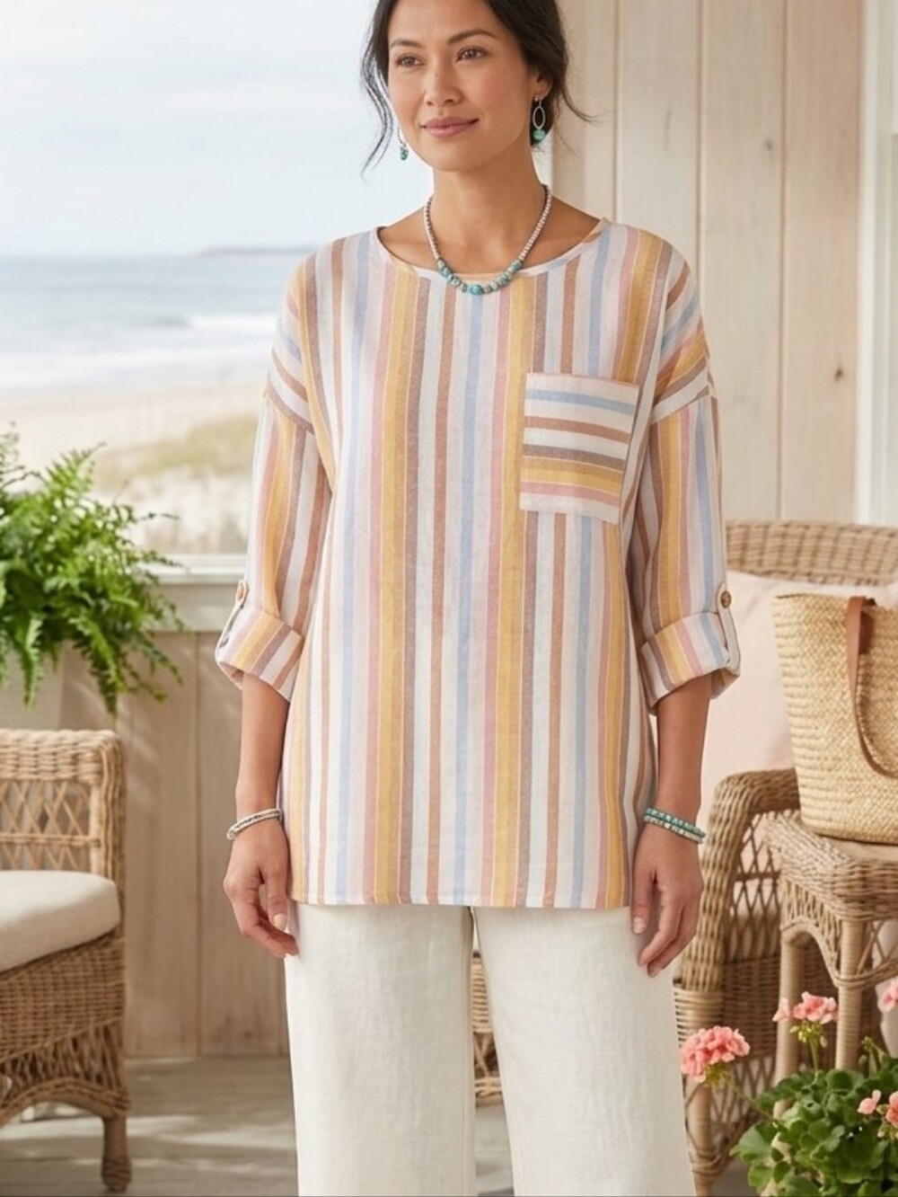 Soft Surroundings Striped Coastal Grandma Pocket Top Tunic Petite Small PS